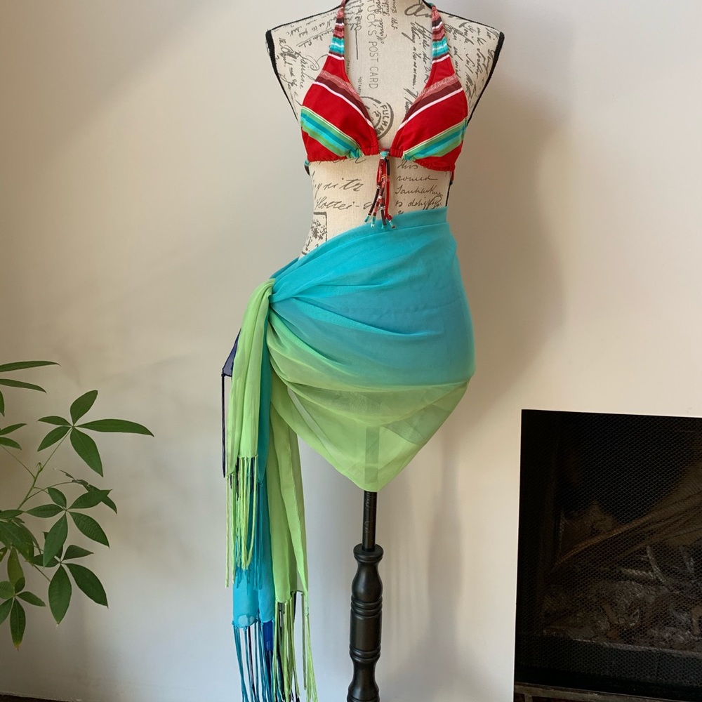 EUC String Bikini & Fringe Cover Up Wrap Sarong